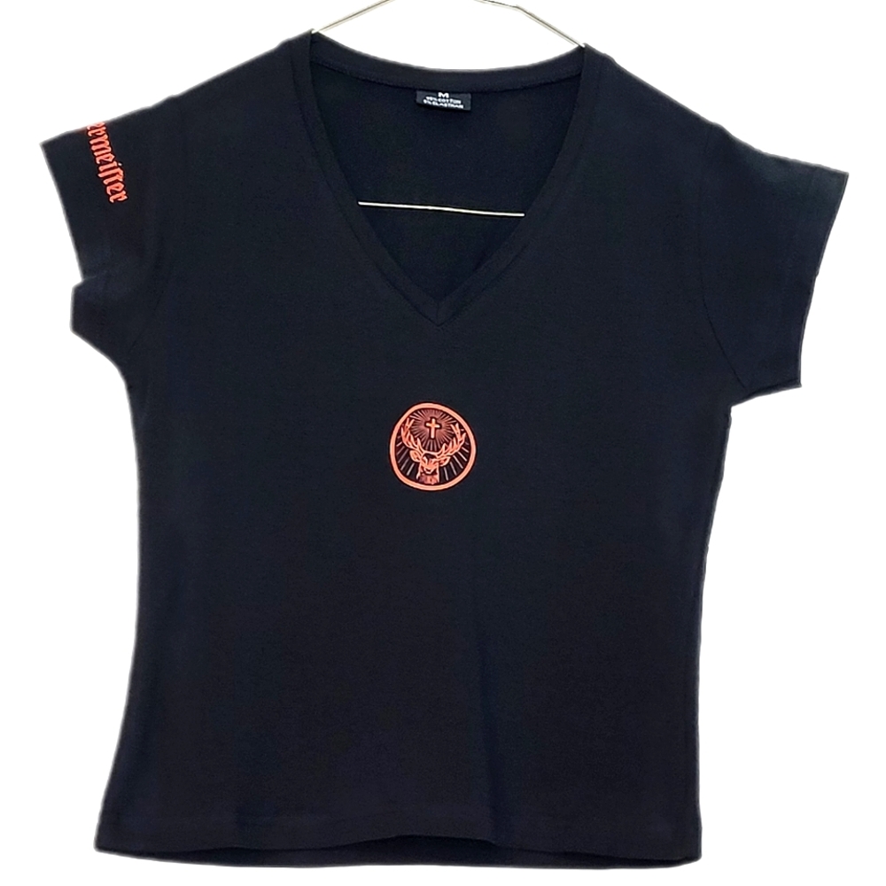 JAGERMEISTER Logo Women's Cotton Orange V-Neck T-Shirt Baby Tee Size Medium